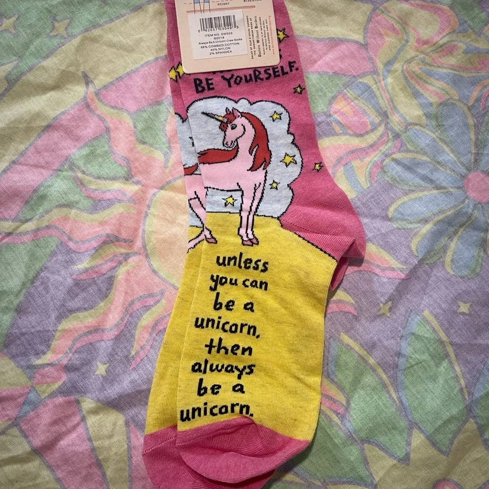 Blue Q Pink & Yellow Unicorn Crew Socks